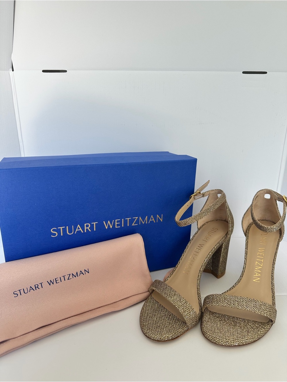 Stuart Weitzman Metallic Gold Block Heel Ankle-Strap Sandals